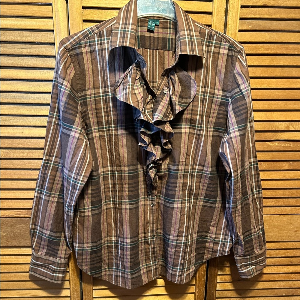 Lauren Ralph Lauren Brown, Tan, Green, Red and White Plaid Ruffled Shirt - Picture 2 of 16